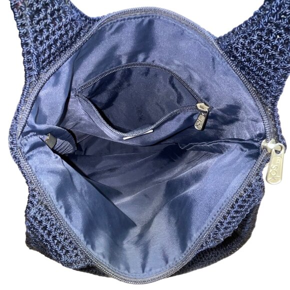 The Sak Women’s Navy Blue Crochet Zipper Closure Double Strap Shoulder Bag Sz M - Picture 8 of 11